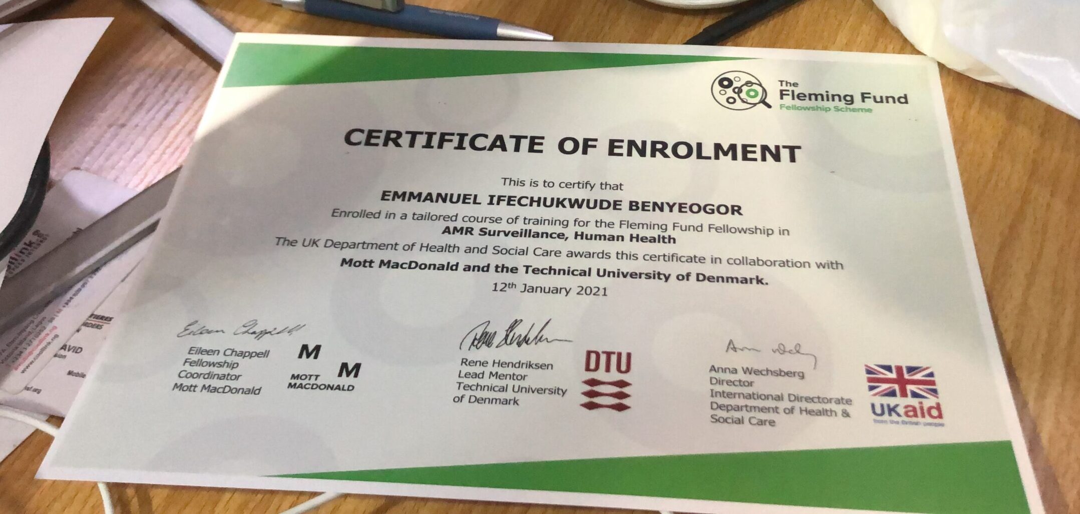 Emmanuel's Fleming Fellowship enrollment certificate.