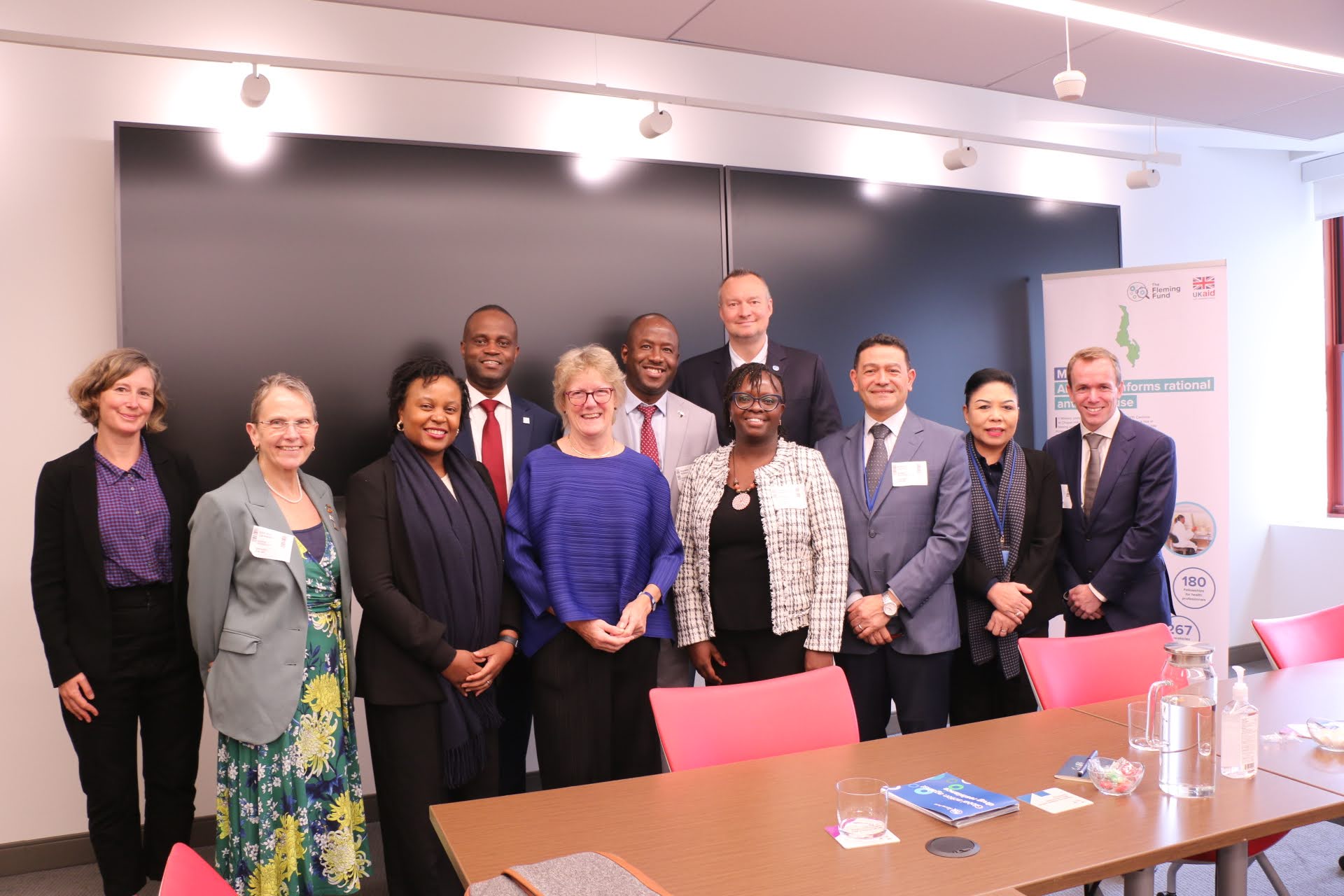 Opened by Dame Sally (centre), speakers and Mott MacDonald representatives at the Fleming Fund's UNGA-HLM on AMR side event. Credit: Mott MacDonald.