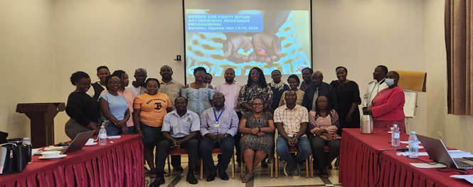 Members of the AMR Technical Working Group, AMR Secretariat, and LVCT Health (GEAR UP) project team during a Gender and Equity sensitisation and document review session in Entebbe, Uganda.